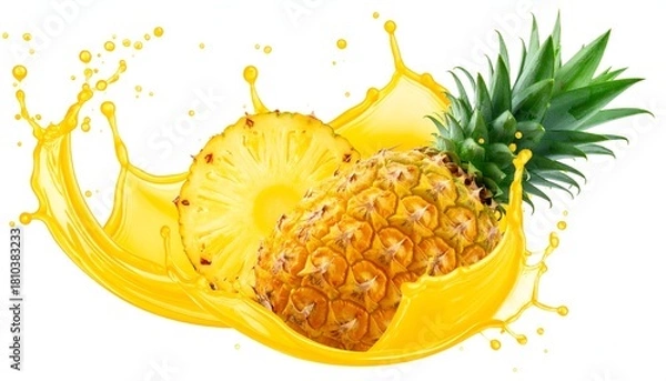 Fototapeta A vibrant pineapple with a slice, bursting from a splash of golden juice, white background
