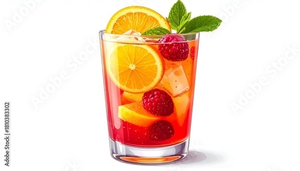 Fototapeta A vibrant red cocktail with citrus fruit, ice, raspberries, and mint garnish in a tall glass