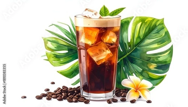 Fototapeta Artistic rendering of iced coffee with lush greenery, coffee beans, and tropical flower