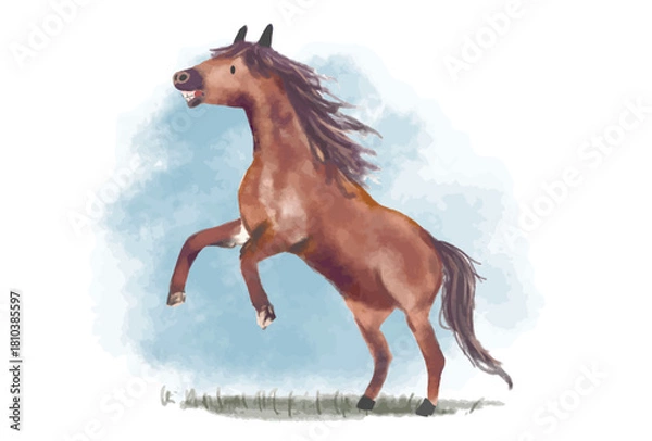 Fototapeta 馬のイラスト（年賀はがきサイズ）水再タッチスケッチ風　草原を走る馬