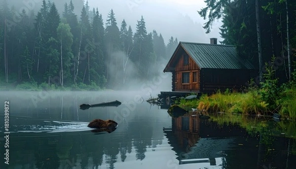 Obraz Forest house by misty lake at dawn with reflection in water, surrounded by trees. Perfect for nature, landscape, travel, serenity, cabin, tranquility, outdoors, adventure