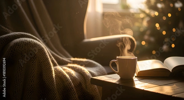 Obraz Cozy Winter Morning with Hot Coffee Open Book and Blanket by Window Christmas Tree Bokeh