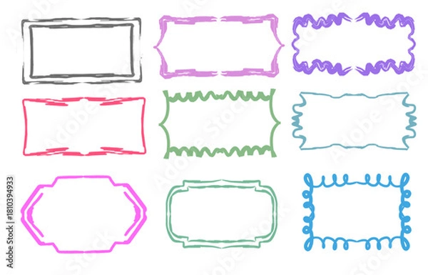 Fototapeta A set of colorful hand-drawn frames with sketchy decorative borders. Perfect for labels, notes, stickers, posters, scrapbooks, and playful design projects.