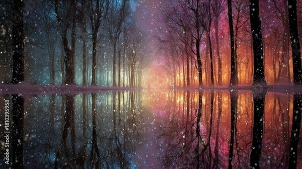 Obraz Enchanted forest reflection with vibrant sunset and snowfall