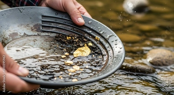 Fototapeta Gold panning exploration in river finding precious metal placer deposits with equipment showing prospecting process mining resource wealth discovery adventure