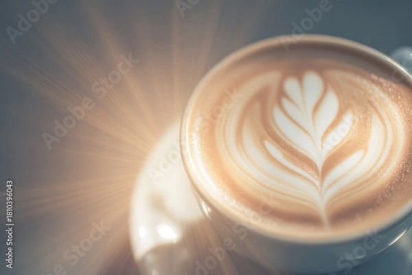 Obraz Close up of latte art with heart shape in creamy coffee cup, warm vintage lighting creates cozy and inviting atmosphere, perfect for relaxing in cafe or coffee shop setting
