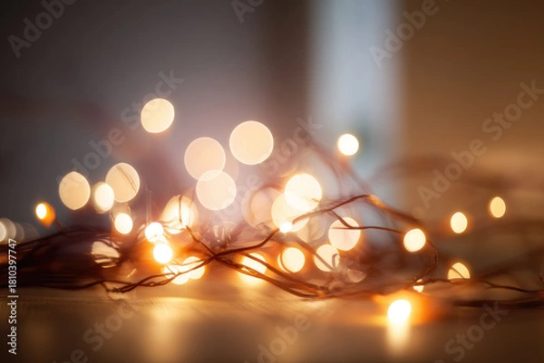 Fototapeta Soft glowing orbs and blurred garland lights create dreamy festive atmosphere with warm tones, perfect for holiday decoration or cozy indoor ambiance
