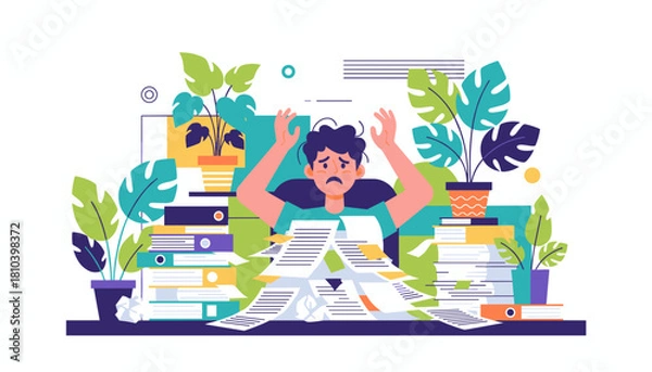 Fototapeta Stressed person buried under office paperwork symbolizing overload deadlines and anxiety