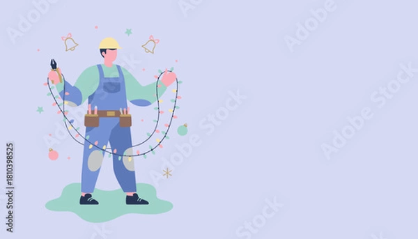 Fototapeta Handyman installing Christmas lights preparation for winter holidays