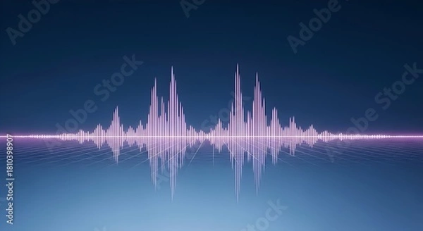 Fototapeta Dynamic Digital Audio Waveform with Neon Glow on Reflective Blue Surface