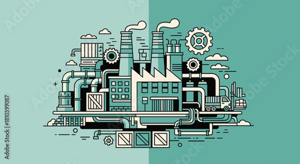 Fototapeta Stylized factory illustration featuring smokestacks gears pipes and delivery truck Production concept