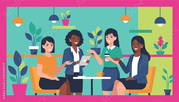 Fototapeta Happy diverse business team meeting and collaborating in a vibrant casual office environment