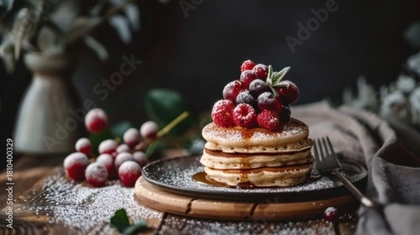 Fototapeta A stack of pancakes topped with a generous pile of powdered sugar, red and black berries (raspberries, grapes), and syrup on a dark, rustic wooden table