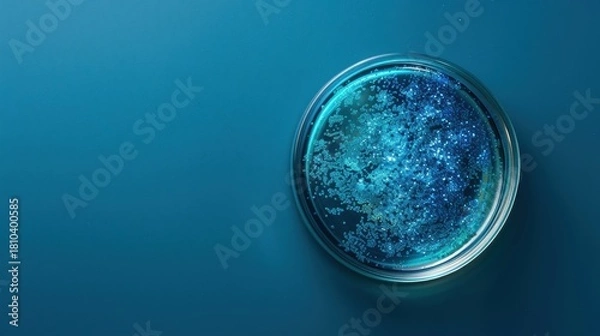 Fototapeta Overhead close-up of a glass petri dish containing a vibrant, glowing blue-green liquid with suspended particles, set on a bright blue background