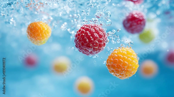 Fototapeta Colorful raspberries and yellow berries are splashing in clear water, creating bubbles and ripples, showcasing freshness and vitality in a vibrant underwater scene