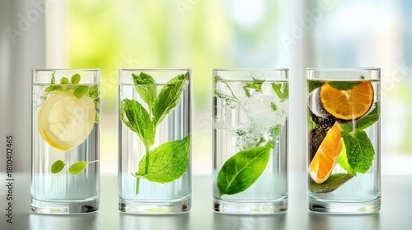 Obraz refreshing infused water glasses with citrus fruits and aromatic herbs, natural hydration and wellness drink variation ideas, summer refreshment