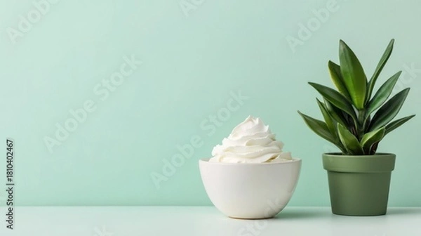 Fototapeta minimalist still life featuring whipped cream in a white bowl alongside a potted plant against a light green background, studio setup