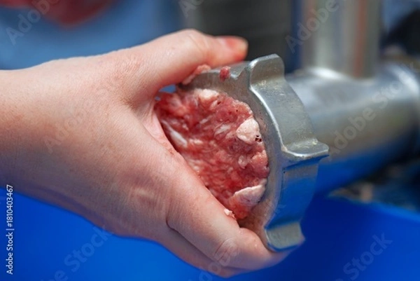 Fototapeta Woman's hand trying to unscrew a meat grinder plate clogged with meat tendons and gristle