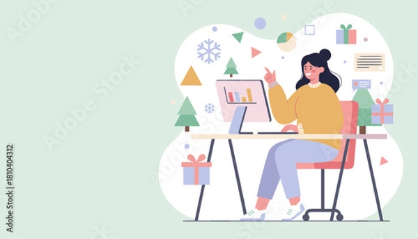 Fototapeta Smiling woman working on holiday business data Festive seasonal remote work illustration
