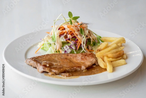 Fototapeta Close up of Grilled pork steak, boiled french fries and vegetable salad;Selective focus