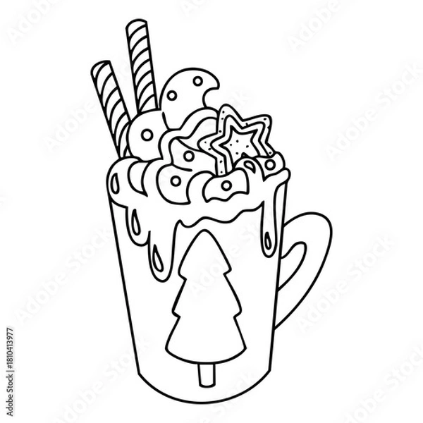 Fototapeta Christmas freakshake with cookies and whipped cream in outline style. Hand drawn vector isolated illustration. 