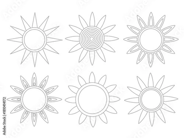 Obraz This image showcases six distinct sun illustrations, each featuring unique types of rays and centers, perfect for summer themes and cheerful design projects.