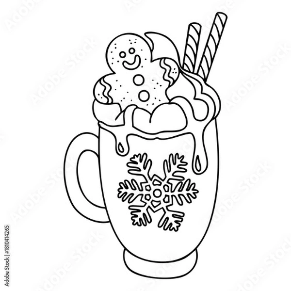 Fototapeta Christmas mug with gingerbread cookie and whipped cream in outline style. Hand drawn vector outline isolated illustration. 