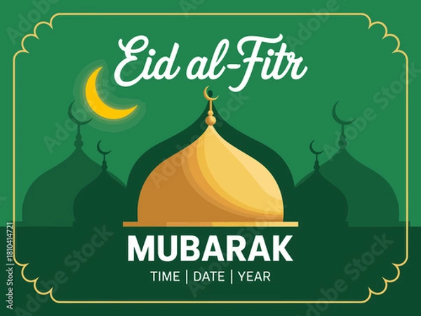 Obraz This image captures the essence of Eid al-Fitr with its vibrant colors, crescent moon, and majestic mosque silhouette creating a festive atmosphere of joy and unity.