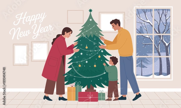 Obraz A warm scene of a family joyfully decorating a Christmas tree together, showcasing a loving atmosphere filled with holiday spirit and togetherness as they welcome the new year.