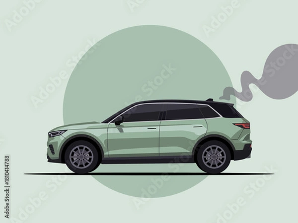 Obraz This image depicts a sleek SUV emitting smoke, set against a light green backdrop, emphasizing the contrast of modern design and environmental concerns.