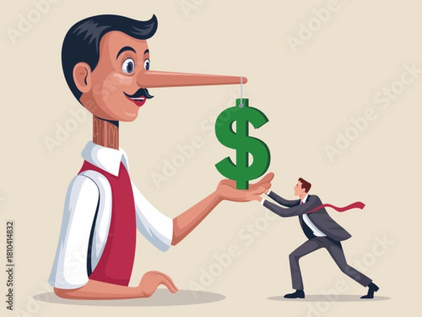 Obraz A whimsical illustration depicting a character with an exaggerated nose, symbolizing dishonesty while interacting with another figure related to money, conveying moral lessons.