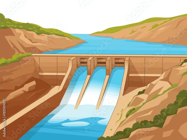 Obraz A detailed illustration of a dam shows water flowing through its channels, emphasizing the importance of water management in environmental conservation and energy generation.