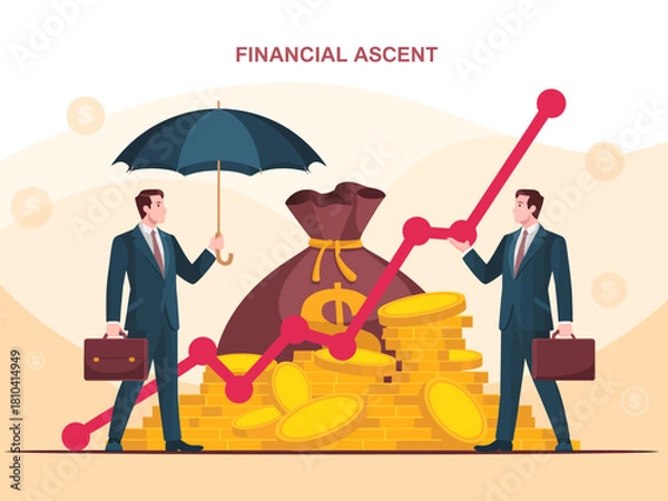 Obraz This image depicts two businessmen with an umbrella and a bag of money, symbolizing financial growth and safety in investments amidst market fluctuations.
