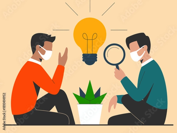 Obraz Two individuals engage in a thoughtful discussion with a light bulb representing innovation, symbolizing brainstorming and teamwork in problem-solving and idea generation.