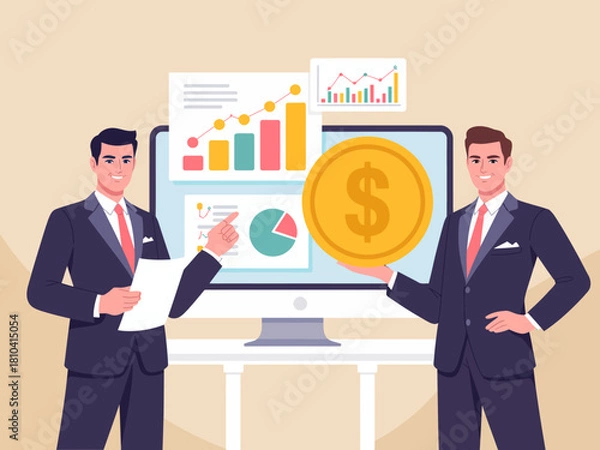 Obraz Two professional men presenting data analytics on a computer screen, showcasing growth trends and financial success in a corporate context.