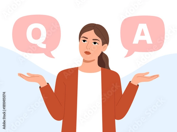 Obraz This illustration features a woman contemplating with speech bubbles indicating questions and answers, symbolizing the search for knowledge and understanding in life.