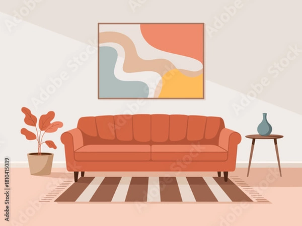 Obraz A stylish and cozy living room featuring an orange sofa, vibrant decor, and a minimalist painting that creates an inviting and warm atmosphere for relaxation and gatherings.
