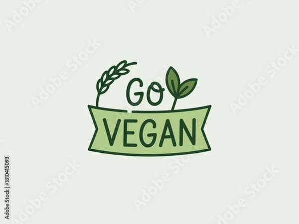 Obraz A vibrant and catchy design promoting a vegan lifestyle, featuring a message to 'Go Vegan' highlighted by simple illustrations of plants, emphasizing health and sustainability.
