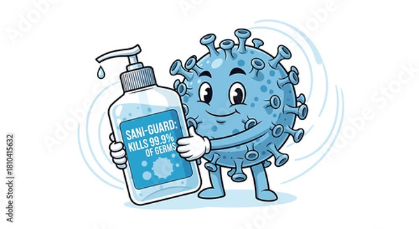 Obraz Illustration Vector SVG Design with Cartoon Virus Character Holding Hand Sanitizer Bottle in Blue Tone