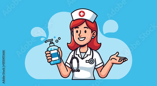 Obraz Vector SVG Design of Cartoon Nurse with Hand Sanitizer in Flat Style Illustration