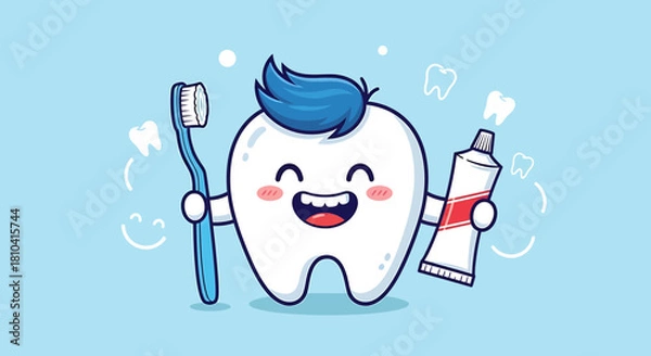 Obraz Cartoon Tooth Character Vector SVG Illustration with Toothbrush and Toothpaste in Flat Design Style