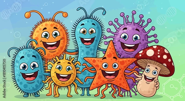 Obraz Illustration Vector SVG of Cartoon Microbes Bacteria and Mushroom in Colorful Happy Design