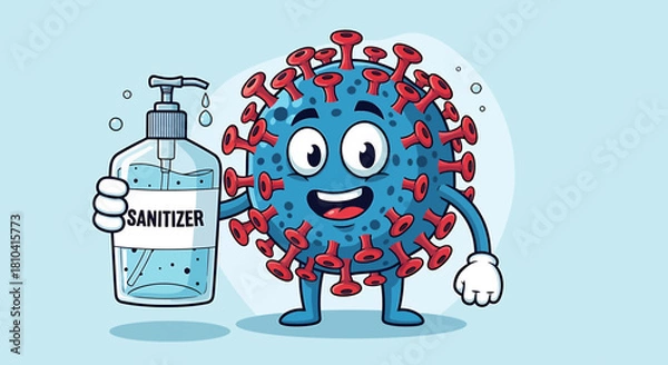 Obraz Illustration Vector SVG of Cartoon Virus with Sanitizer in Flat Design Style
