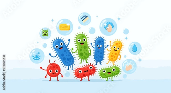 Obraz Cartoon Microbe Vector SVG Design with Hygiene Icons in Flat Style Colorful Illustration