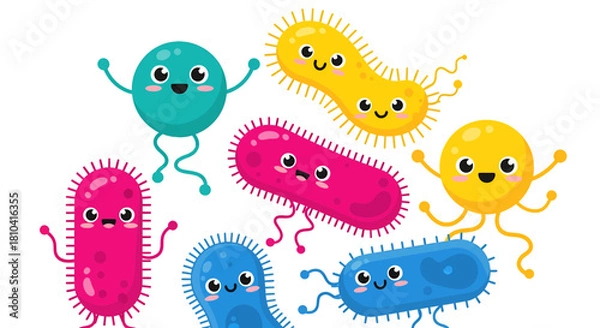Obraz Illustration Vector SVG Design of Cartoon Bacteria Characters in Flat Style with Pink Blue Yellow for Educational Use