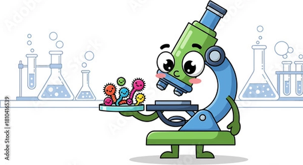 Obraz Illustration Vector SVG of Cartoon Microscope Character Holding Bacteria in Green and Blue Flat Design