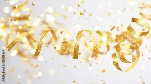 Fototapeta ゴールドの紙吹雪とリボンが舞う祝賀背景

