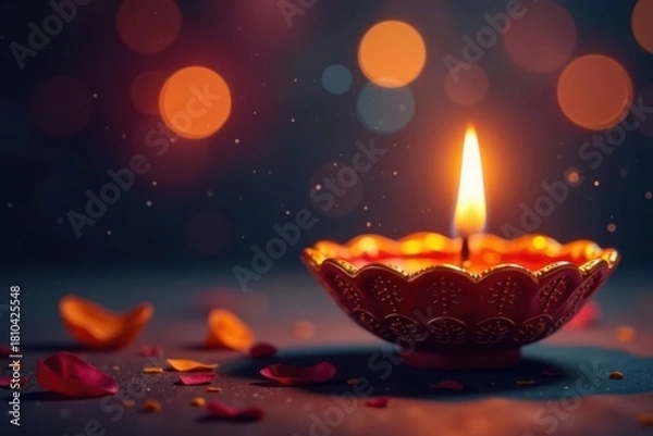 Obraz Ornate diya with flickering flame, Diwali bokeh background, Indian culture, colorful, bronze