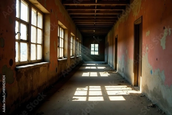 Fototapeta Sun-drenched cellblock, broken bars, faded paint, HDR, desolate, HDR, window