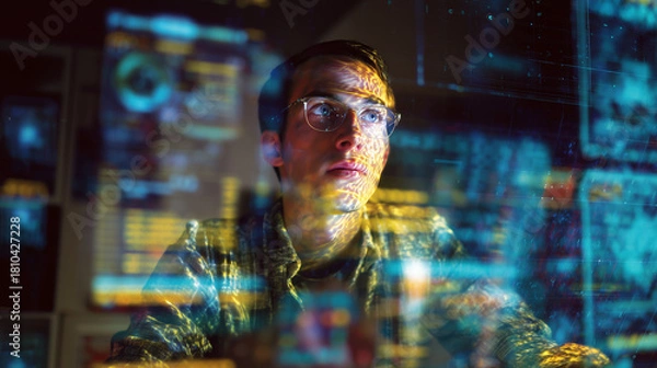 Obraz College student using virtual AI artificial intelligence technology & machine learning. Interactive technology in uni classroom. Innovation & smart tech. AI hologram in education & gaming. futuristic	